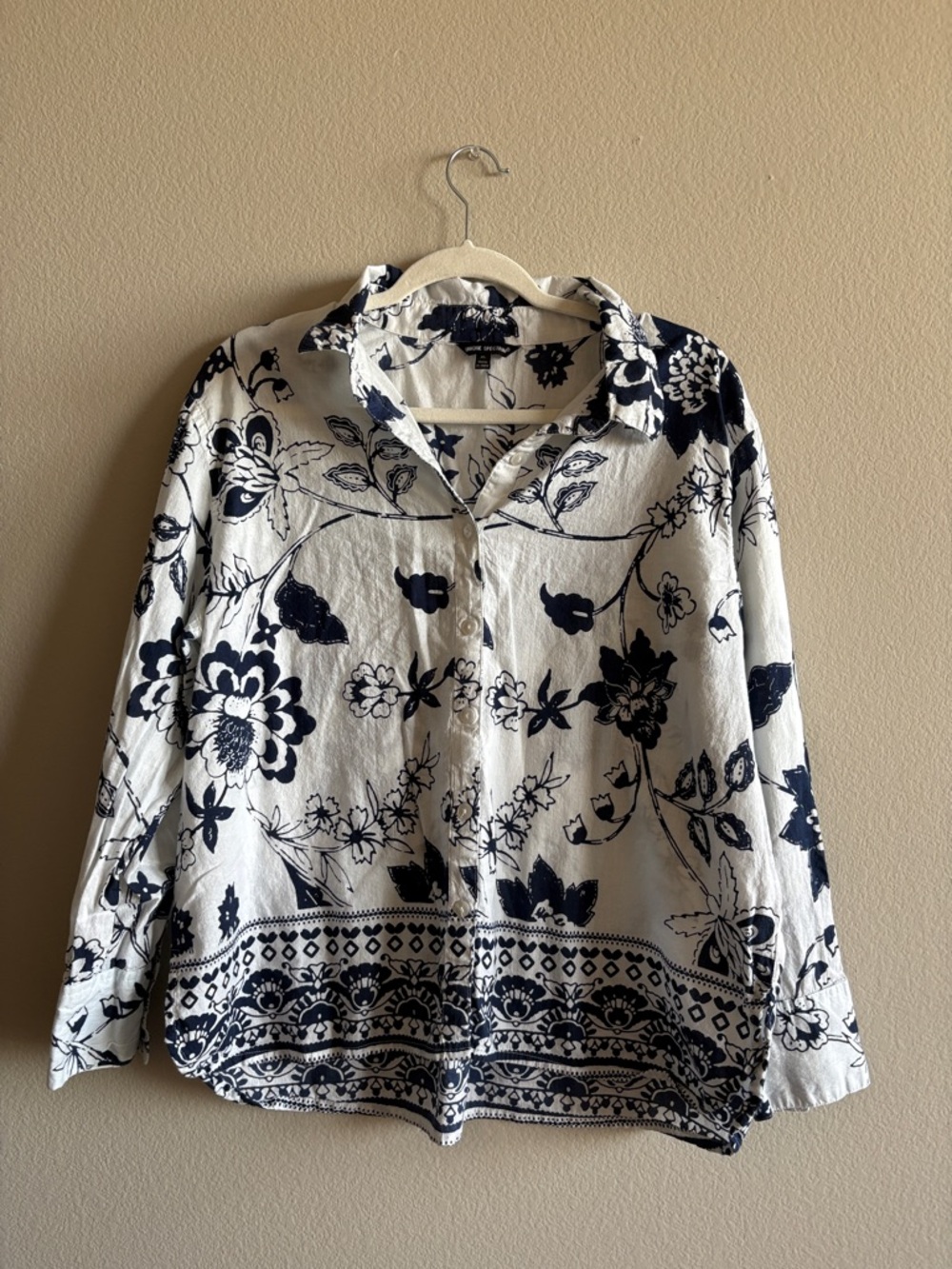 Unique Spectrum  Button-Down Shirt Navy and White Floral Print Cotton Size XL